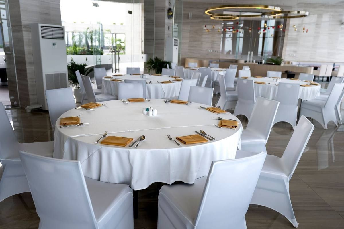 Bright banquet and dining hall, tables set