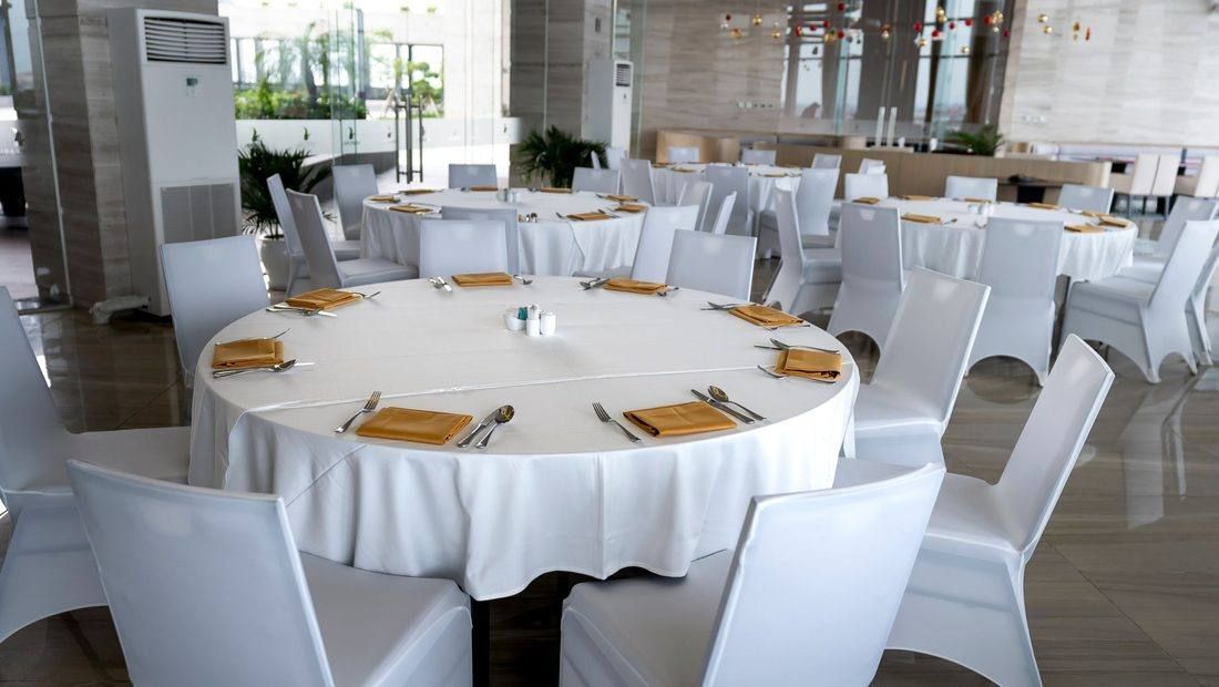Bright banquet and dining hall, tables set