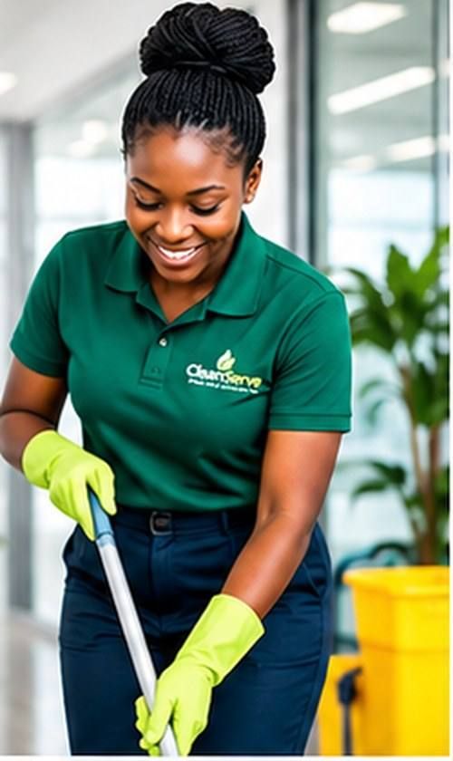 CleanServe cleaner in uniform mopping an office floor
